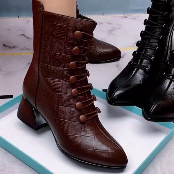 

boots women short boots,2021 autumn/winter shoes,square low heel, pointed toe,buttons,female footware black brown