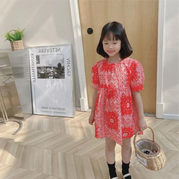 

girl's dresses summer kids girl princess dress o-neck short sleeve floral print toddler baby beach children casual clothing, Red;yellow