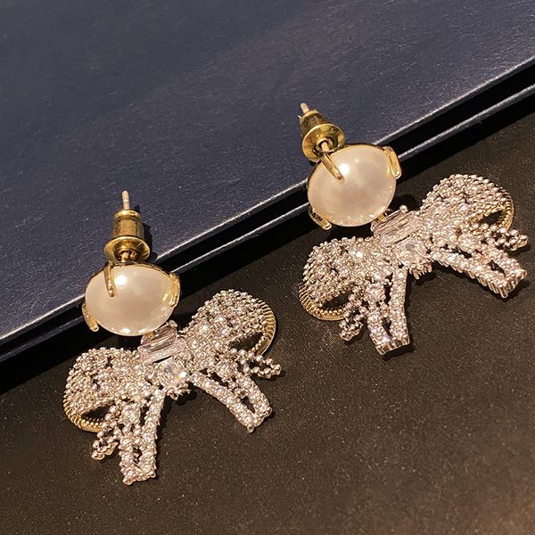 

diamond zirconia sweet bow pearl pendant earrings fashion designer elegant stud earrings for woman girls gifts silver post with box, Golden;silver