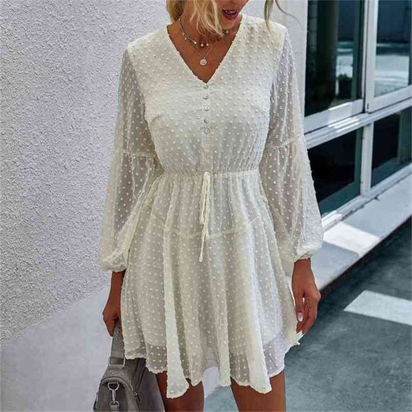 

fashion v-neck long sleeve solid color women's dress autumn lovely sweet cute lantern princess fold mini 210522, Black;gray