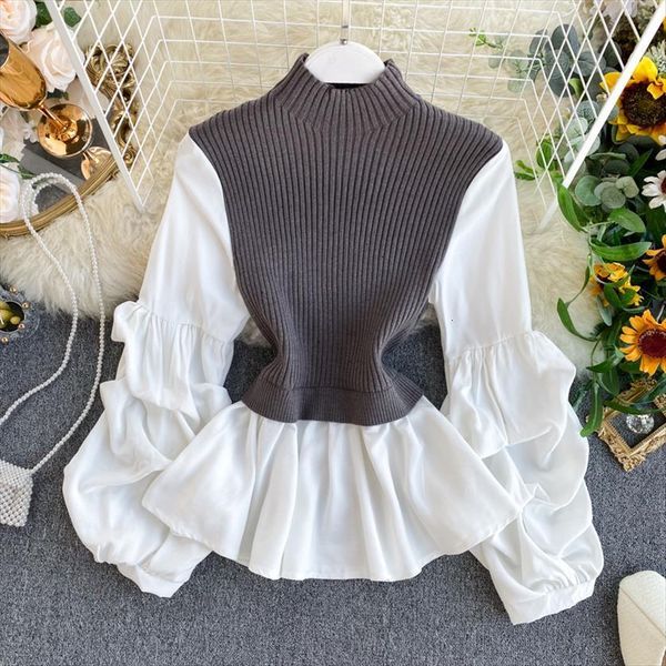 

two piece slim womens sweater fit lantern sleeved shirt tide turtleneck pullovers knit patchwork fake, White;black