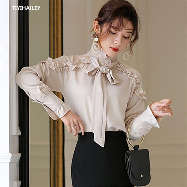 

fashion vintage bandage beige and black chiffon long sleeve spring autumn women shirt women's blouses & shirts, White