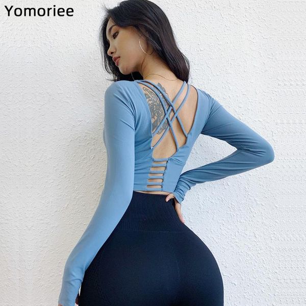 

yoga outfits autumn cross back fitness running quick dry sportswear chest pads tight long sleeve shirts gym crop yomoriee, White;red