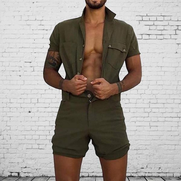 

fashion short jumpsuit mens overalls casual lapel sleeve rompers solid overall single breasted romper pocket pants men's, Black