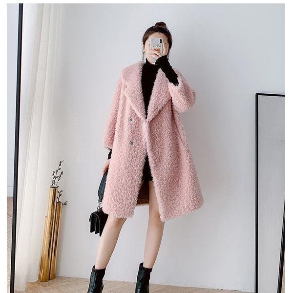 

women's fur & faux integrated thick fleece coat mid-length lamb wool, Black