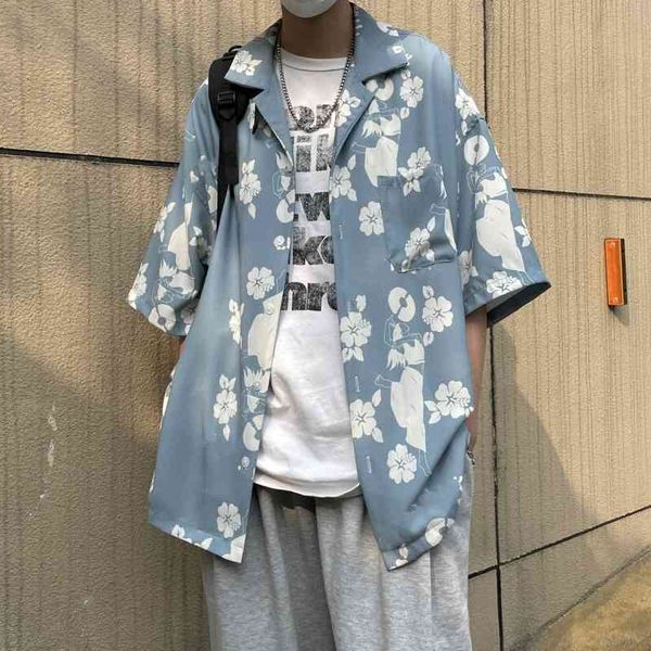 

men's casual shirts summer flower fashion printed men streetwear korean loose short-sleeved mens hawaiian -xl 11hh, White;black