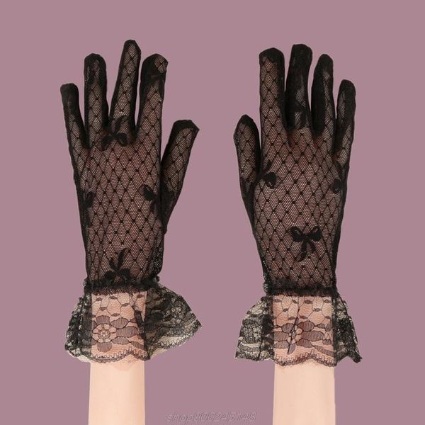 

ladies elegant black mesh short gloves bowknot jacquard ruffles floral lace wedding party sunscreen full finger a08 21 dropship five fingers, Blue;gray