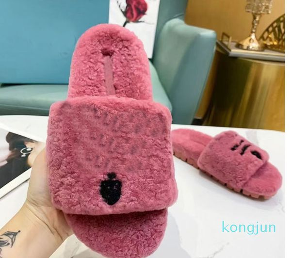 

designer- women's fur slippers wool leather shoes women slippe sandals winter warm boot belt frame, Black