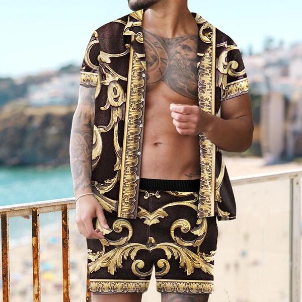 

men's tracksuits summer man wear floral print casual loose short sleeve shirt shorts two-piece holiday set beach button turn-down neck, Gray