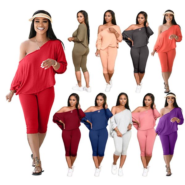 

women plus size tracksuits shirts+mid-calf shorts 3xl 4xl oblique shoulder casual clothing tracksuit pullover outfits sweatshirts capris dhl, Black