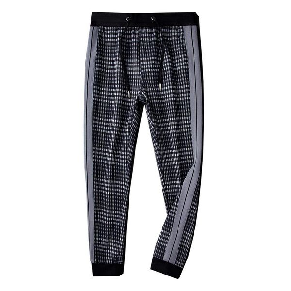 

men's pants fashion plaid nine points casual men 2021 autumn side stripes personality trend sports trousers handsome, Black