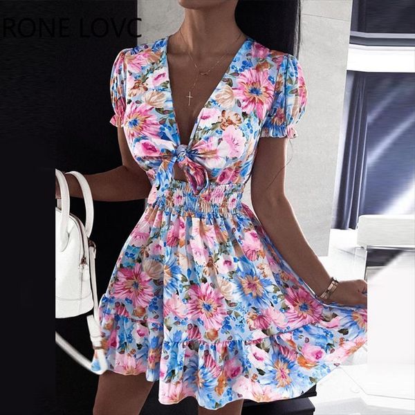 

floral print puff sleeve tied womens dresses detail casual summer mini, Black;gray