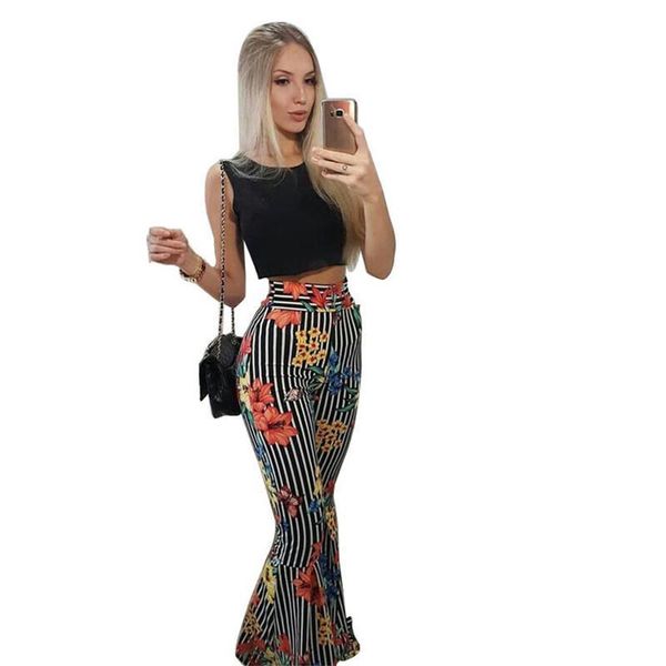 

sensual sleeveless printing two pieces women tracksuits sets black tank long flare pants flower pattern casual bohemian set, Gray
