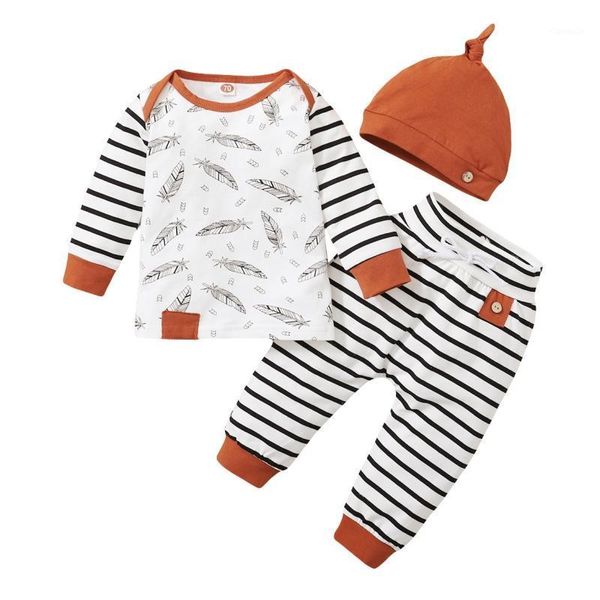 

clothing sets born baby boy girl feather printed t shirt striped pants clothes outfits set for unisex, White