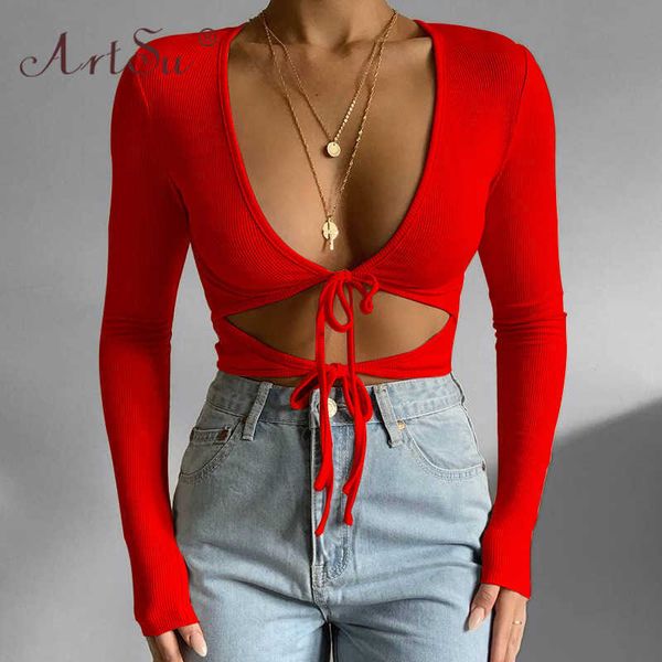 ArtSu Rot Schwarz Rosa Bandage V-ausschnitt Vorne Krawatte Up Top Frauen Lange Hülse Dünne Sexy Crop Tops Streetwear Weibliche Cut out T-shirt Y0629