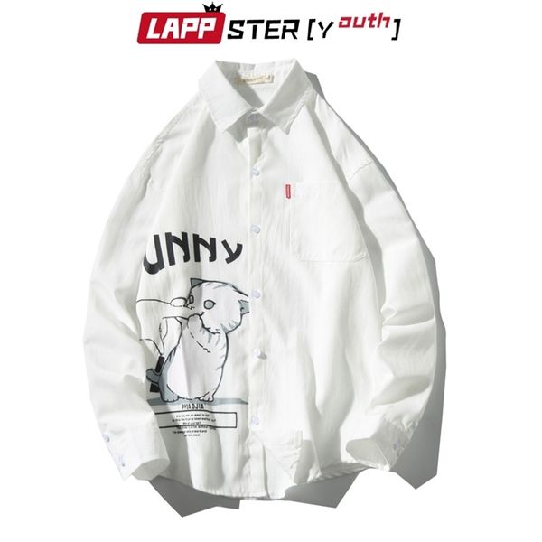 

lappster men harajuku funny cat shirts kpop couple long sleeve pocket korean fashions hip hop white plus size 210420, White;black