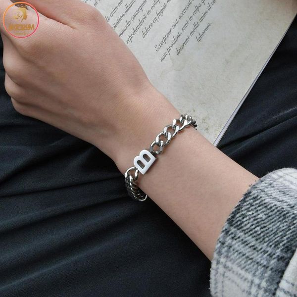 

link, chain akizoom fashion stainless steel bracelets silver color letter b thick bangles for women jewelry birthday gift, Black