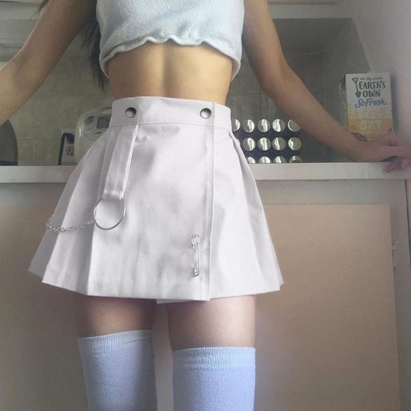 

skirts 38# women solid color high waist paneled pleated chain casual saia faldas fashion gothic mini skirt shorts, Black