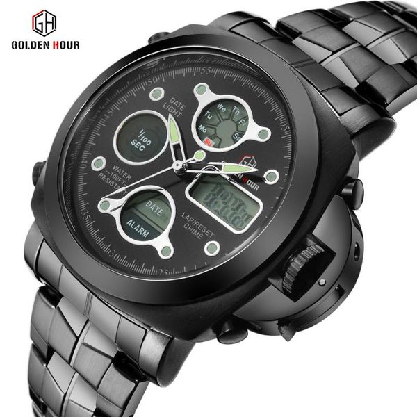 

wristwatches luxury mens watches dual display military waterproof stainless steel sport fashion wristwatch men golden relogio masculino, Slivery;brown