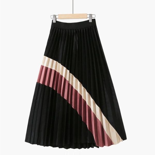 

skirts 2021spring and autumn gold velvet contrast stitching pleated a-line large skirt elastic high waist slim fashion female, Black