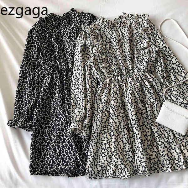 

ezgaga vintage women dress korean spring sweet ruffles slim waist o-neck floral printed dress tender chic casual vestidos 210430, Black;gray