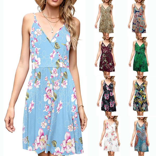 

women's waist closing flower print v-neck sleeveless suspender dress, Black;gray