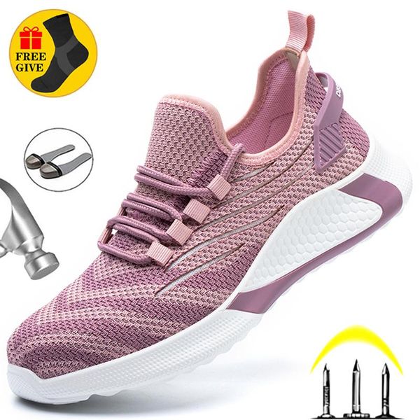 

boots fashion safety shoes women work sneakers steel toe anti-puncture comfort female ankle, Black