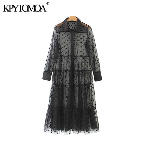 

women fashion polka dot mesh midi dress long sleeve see through female dresses vestidos mujer 210420, White