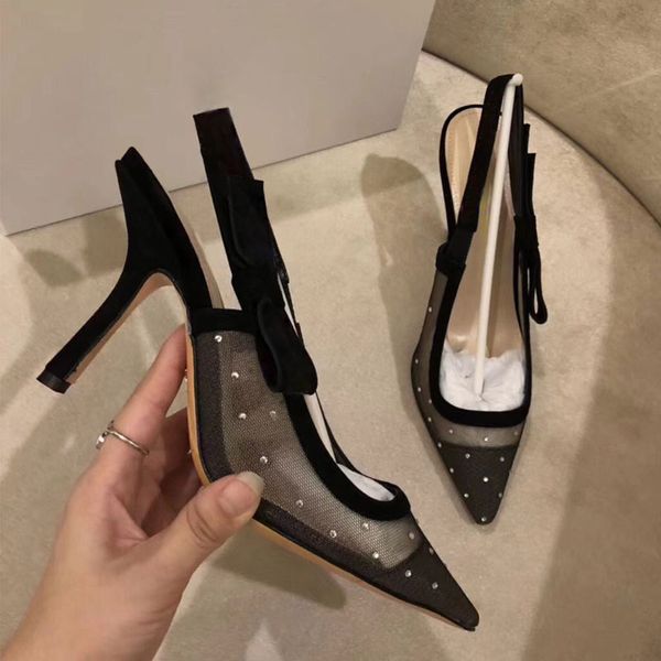 

fashion high-heeled shoes summer sandals pointy versatile mesh small high-heeled bow tie women's sandals baotou dress shoes wholesale, Black