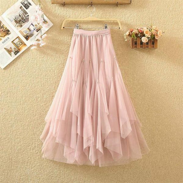 

skirts 2021 women irregular long tulle ladies high waist mesh tutu beaded midi skirt female faldas jupe femme wf268, Black