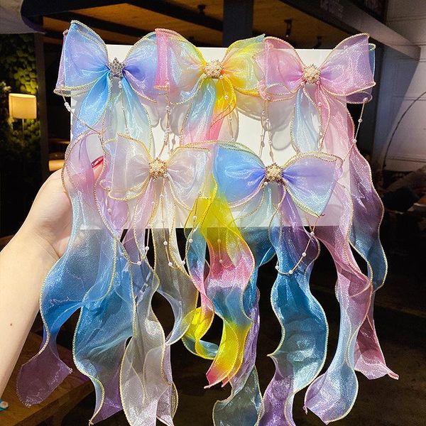 

hair accessories rainbow color bowknot clips for cute girls barrettes pearl chain ribbon braided hairpins headwear kids, Slivery;white