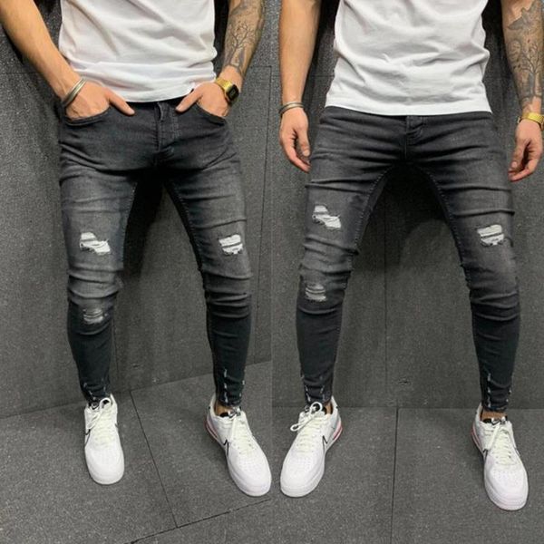 

men's jeans mens casual skinny slim fit stretch ripped denim pencil tousers long pants, Blue