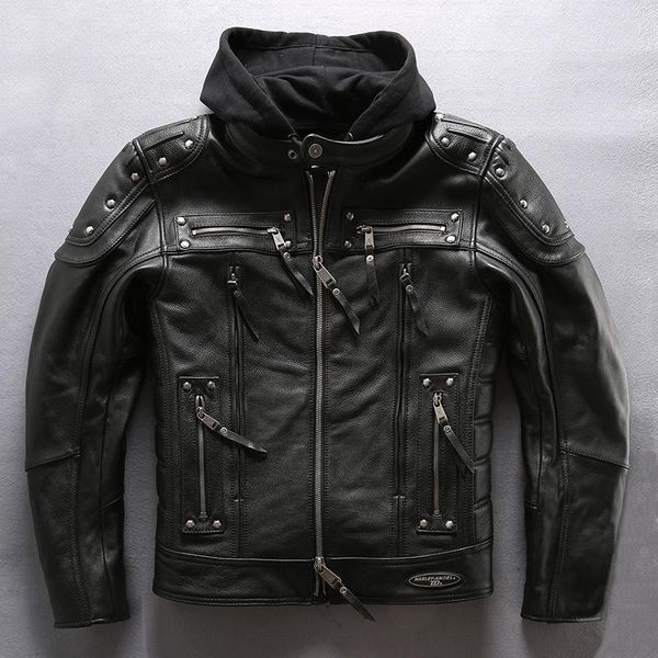 

men's leather & faux 5 days arrival, genuine black jacket brand designer vintage hooded motorcycle bicycle rivet coat