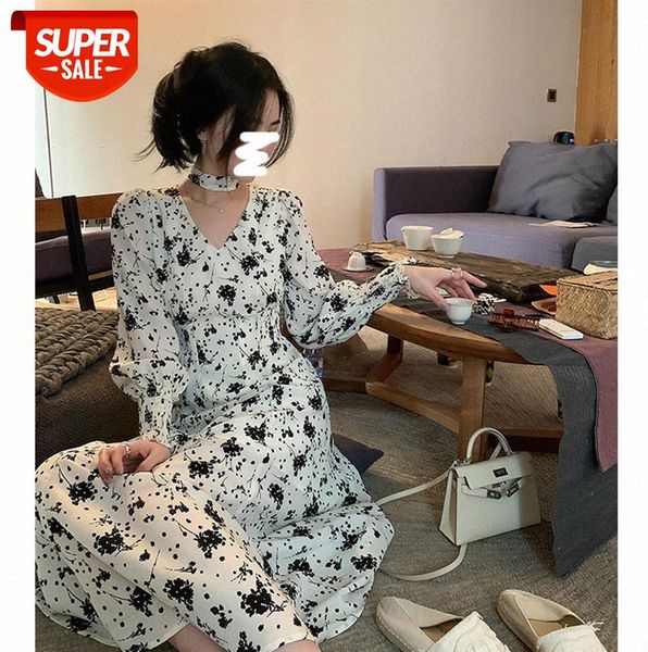 

net celebrity long-sleeved floral dress women's fashion french waist was thin and temperament v-neck long skirt #io5n, Black;gray