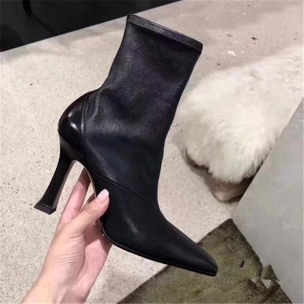 

boots 2021 genuine leather women ankle square toe slim fit sock boot 9cm high heels black green botas mujer pumps