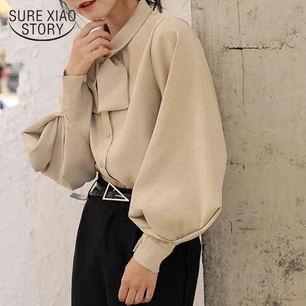 

camisas mujer spring korean women blouse casual loose long sleeve solid color woman shirts bow with button ladies 8896 50 210415, White