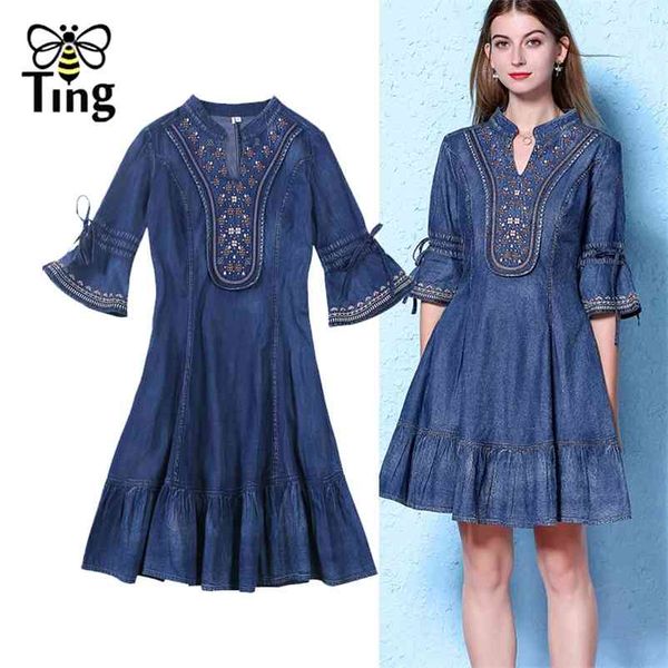 

vintage elegant flower emboidery demin mini dress chic flare half sleeve ruffles hem casual street frock za 210513, Black;gray