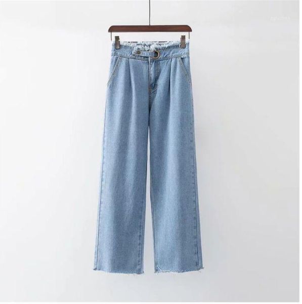 

spring women large pocket curling jeans trimming straight pants women's nine, Blue