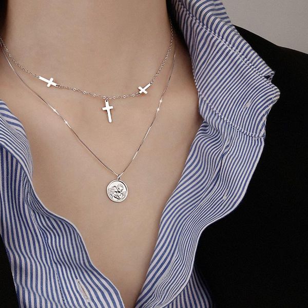 

chains yaologe 925 sterling silver necklace creative round tag double lady cross clavicle chain all-match jewelry gift