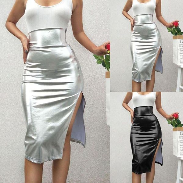 

skirts 2021 street style women autumn winter high waist asymmetric slit black pu leather clothes zipper mujer #5