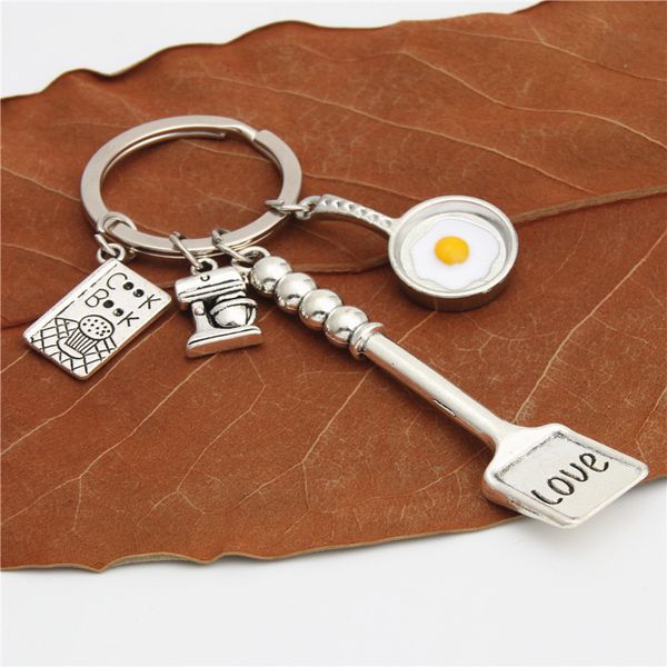 

baking charms egg fry cooking utensils keychains love shovel cookbook key ring pastry chef foodie baker gift, Silver
