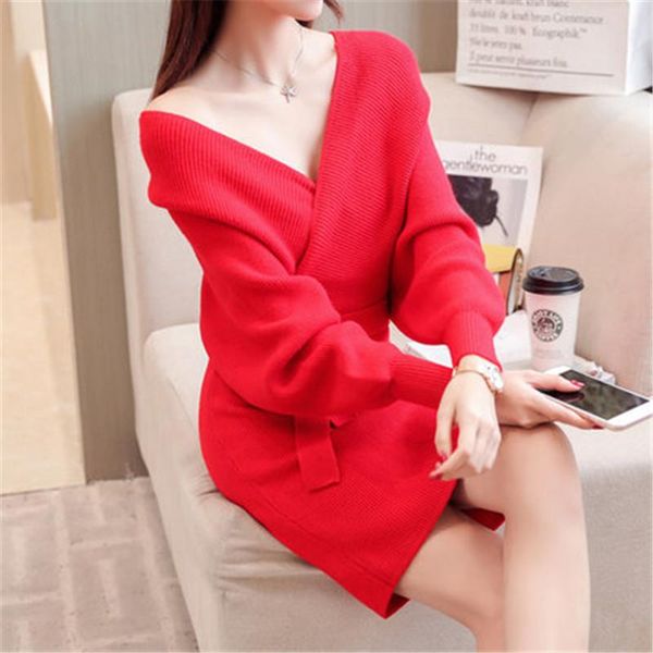 

casual dresses 2021 women v neck sweater dress of autumn and winters long pure color bat sleeve knit belt zy215, Black;gray