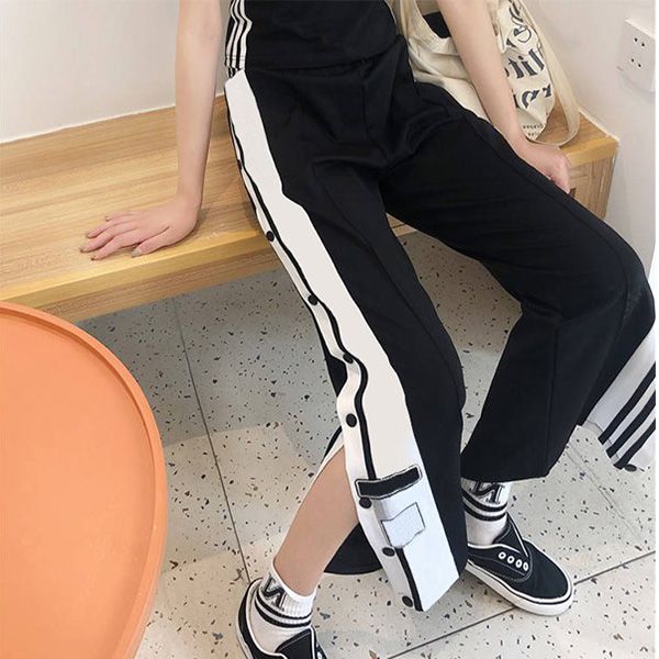Kadın Pantolon Capris Bölünmüş Düz Bacak Rahat Mektup Çizgili Geniş Bacak Pantolon Spor Rahat Düğme Pantolon Dört Renkli S-2XL Moda 2021