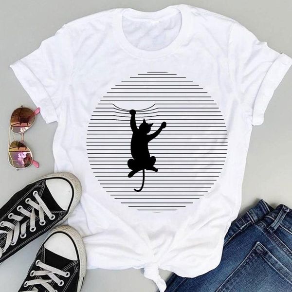 

women's t-shirt women cartoon striped cat funny trend cute fashion print sweet summer short sleeve lovely clothes tees tshirt, White