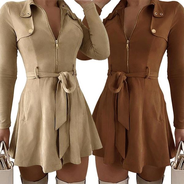 

casual dresses women fashion long sleeve zipper dress stylish solid color for ladies female, Black;gray