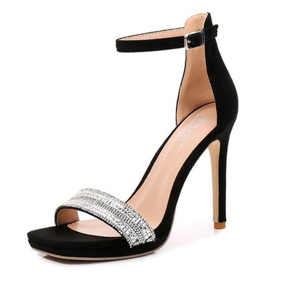 

dress shoes women's high heels 2021 summer catwalk show female model fashion rhinestone decoration ankle strap sandals, Black