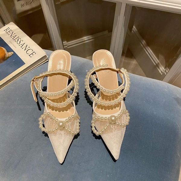 

dress shoes spring/summer 2021 pointed white pearl high heels lace slip single bride wedding sandal, Black