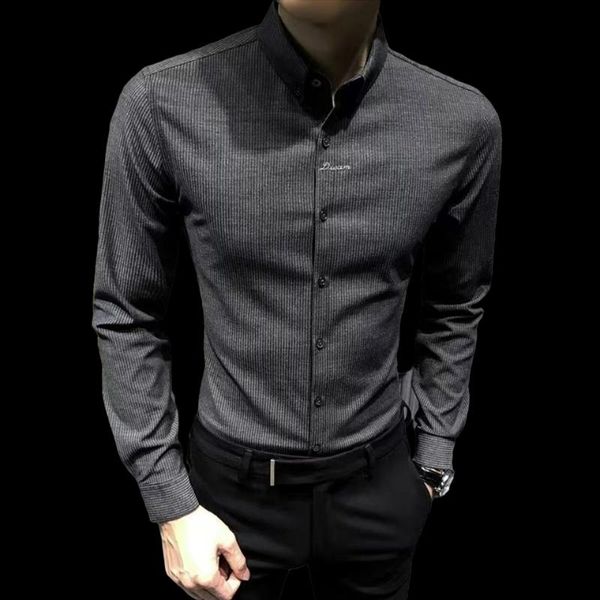 

men's casual shirts plus velvet striped shirt korean version of 2021 autumn long sleeve embroidered slim jacket fashion handsome, White;black