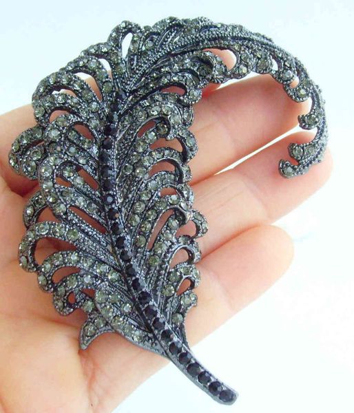 

classic 3.35" black gray austrian crystal leaf brooch pin pendant ee05065c6