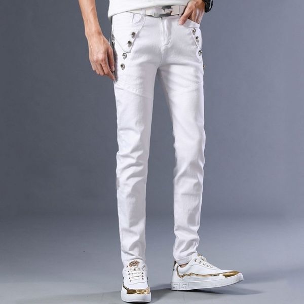

men's jeans streetwear men sweatpants summer light casual fashion white male zipper elastic fine fit denies pencil g134, Blue